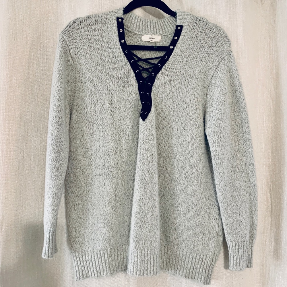 Grey Long Sleeve Pullover Sweater Lace Up Neckline